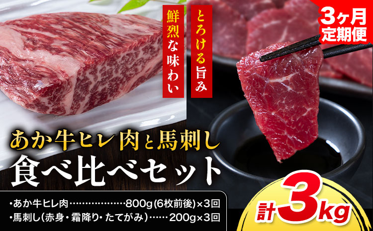 【3ヶ月定期便】あか牛 ヒレ肉 800g(6枚前後) 馬刺し 3種類 合計3kg 食べ比べ セット 合同会社たべたせいか《お申し込みの翌月から出荷》詰め合わせ 赤牛 国産和牛 和牛 ステーキ 馬肉 赤身 霜降り たてがみ 熊本県産 九州産 送料無料