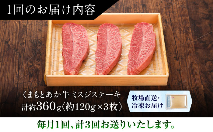 【全3回定期便】【GI認証】くまもとあか牛ミスジステーキ 約120g×3枚 / 菊陽町 あかうし 熊本県 肉 にく niku ブランド 旨み 【有限会社 三協畜産】 [BHAS081]