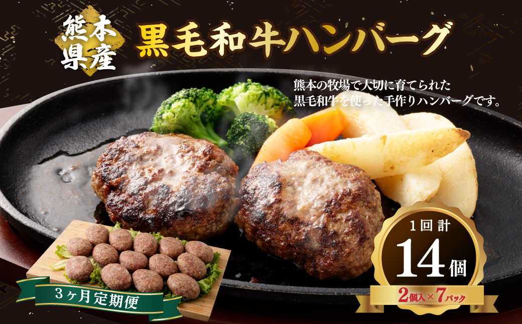 【3か月定期便】 黒毛和牛 ハンバーグ 14個 (120ｇ×2個入×7パック) 牛肉 和牛 定期便