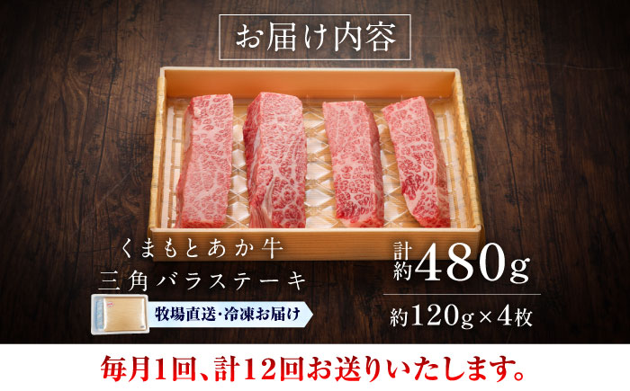 【全12回定期便】【GI認証】くまもとあか牛三角バラステーキ 約120g×4枚 / 菊陽町 あかうし 熊本県 肉 にく niku ブランド 旨み 【有限会社 三協畜産】 [BHAS095]