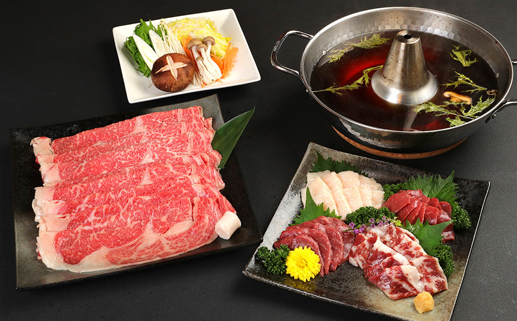 【12ヶ月定期便】 あか牛 すき焼き ・ しゃぶしゃぶ用 サーロイン肉 1kg (500g×2) 馬刺し 200g (赤身 100g、霜降り 50g、たてがみ 50g) セット 定期便 牛肉 国産牛 赤牛 馬肉 食べ比べ