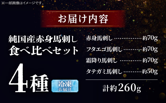純国産馬 馬刺し食べ比べセット計約260g(赤身/約70g フタエゴ/約70g 霜降り/約70g タテガミ/約50g) / ばさし 馬刺 熊本馬刺し 熊本県 菊陽町【株式会社古閑ファーム】 [BHDF011]