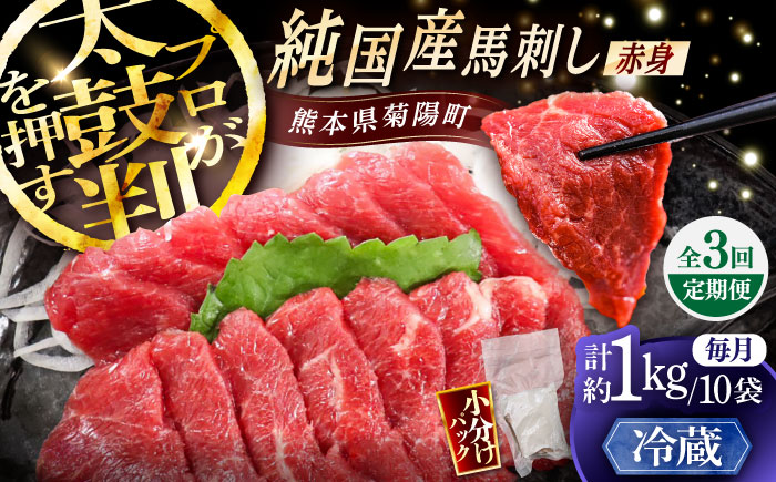 【全3回定期便】【冷蔵】純国産馬 赤身馬刺し盛り 計約1kg (約100g×10個) / ばさし 馬刺 あかみ 熊本馬刺し 熊本県 菊陽町【株式会社古閑ファーム】 [BHDF039]