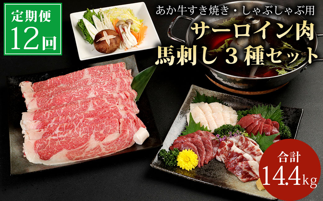 【12ヶ月定期便】 あか牛 すき焼き ・ しゃぶしゃぶ用 サーロイン肉 1kg (500g×2) 馬刺し 200g (赤身 100g、霜降り 50g、たてがみ 50g) セット 定期便 牛肉 国産牛 赤牛 馬肉 食べ比べ