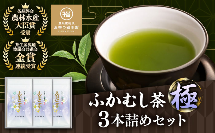ふかむし茶 「極」 3本詰め セット 計300g / お茶 日本茶 深蒸し茶 受賞 濃厚 自社農園 熊本県 菊陽【有限会社 お茶の福本園】 [BHAI001]