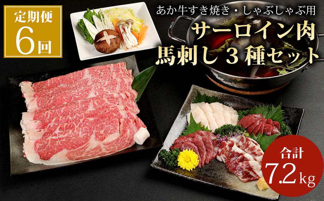 【6ヶ月定期便】 あか牛 すき焼き ・ しゃぶしゃぶ用 サーロイン肉 1kg (500g×2) 馬刺し 200g (赤身 100g、霜降り 50g、たてがみ 50g) セット 定期便 牛肉 国産牛 赤牛 馬肉 食べ比べ