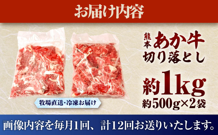 【全12回定期便】熊本和牛あか牛切り落とし 約1kg / 菊陽町 あかうし 熊本県 肉 にく niku ブランド 旨み【有限会社　三協畜産】 [BHAS047]