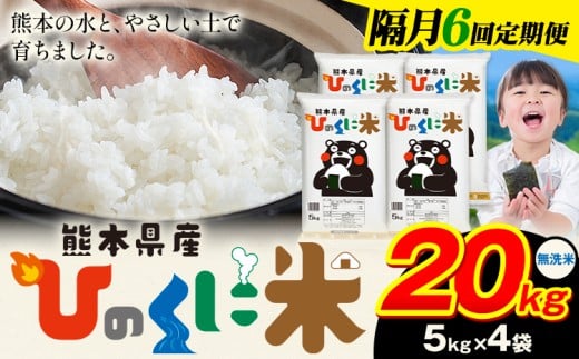 【隔月6回定期便】 無洗米 ひのくに米 20kg 《お申込み翌月から出荷》 食品 米 こめ コメ 熊本県産 ふるさと納税 お米 おこめ 熊本