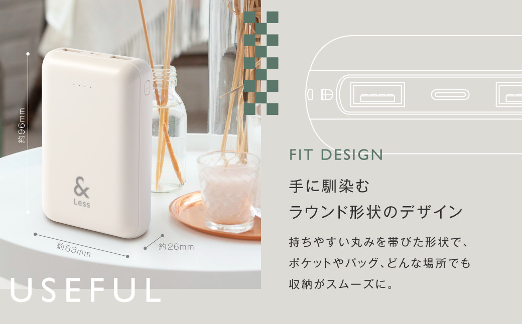 モバイルバッテリー 10,000mAh グレー 【日本製】 3出力充電 軽量 小型 大容量 iphone Type-ｃ 充電器 【＆Less】