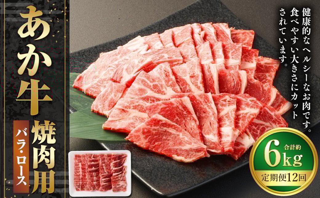 【12ヶ月定期便】あか牛焼き肉用カット（バラ、ロース） 約500g 計約6,000g 赤牛 あか牛 牛肉 熊本 バラ ロース カット肉 定期便 熊本県 西原村 冷凍