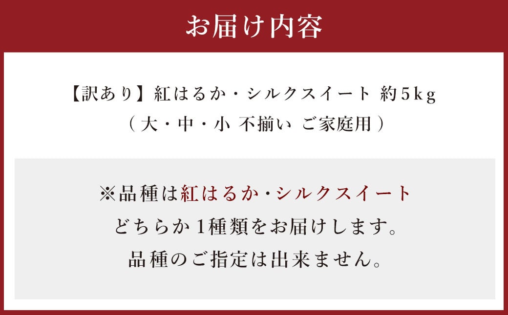 【訳あり】紅はるか・シルクスイート 約5kg 大・中・小 不揃い ご家庭用 品種お任せ さつまいも サツマイモ さつま 芋いも 芋【2024年11月下旬～2025年5月上旬発送予定】