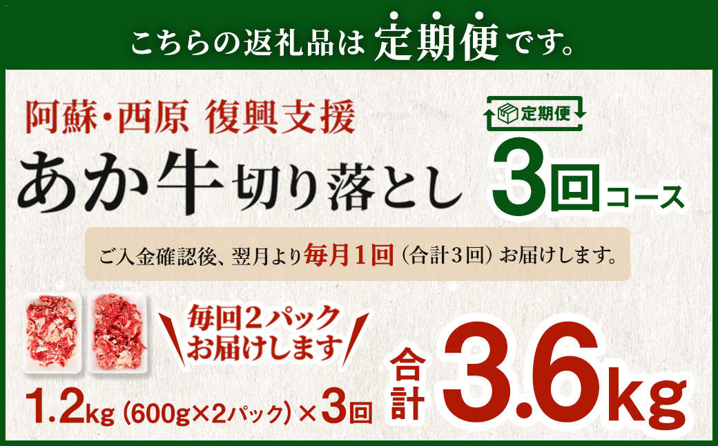 【3ヶ月定期便】阿蘇・西原 復興支援 あか牛 切り落とし 1.2kg×3回