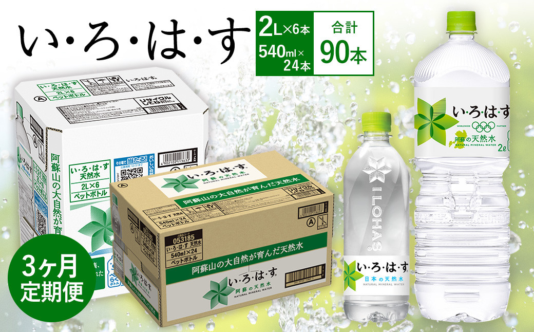 【3ヶ月定期便】い・ろ・は・す(いろはす)阿蘇の天然水 2LPET×6本(1ケース)＋い・ろ・は・す(いろはす)阿蘇の天然水 540mlPET×24本(1ケース)