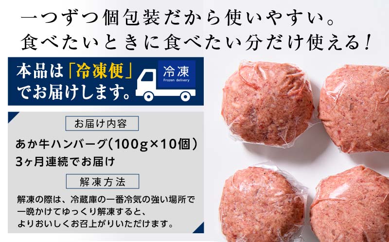 FKK19-225_【3ヵ月定期便】あか牛100％ハンバーグ（100g×10個） 熊本県 嘉島町