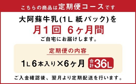 【6ヶ月定期便】 大阿蘇牛乳 1L×6本×6ヶ月 合計36L 紙パック