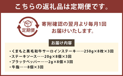 【3ヶ月定期便】 くまもと 黒毛和牛 サーロインステーキ 2.0kg（250g×8枚） 牛肉 牛 肉