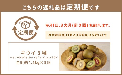 【3ヶ月定期便】 キウイ 3種 （各月約1.5kgずつお届け） 【2026年11月下旬～2027年2月上旬まで順次発送予定】 追熟 低温貯蔵 摘果 果物 くだもの 果実 フルーツ 甘味 甘み 香り 風味 果汁 有機肥料 キウイフルーツ 定期 定期便 定期配送