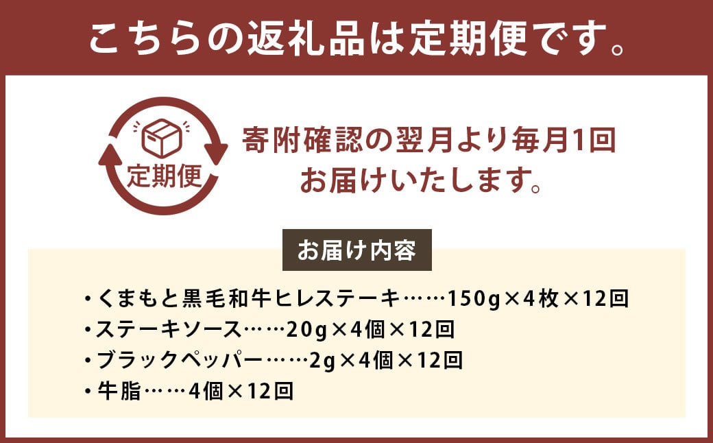 【12ヶ月定期便】くまもと黒毛和牛ヒレステーキ 600g（150g×4枚）牛肉 牛 肉