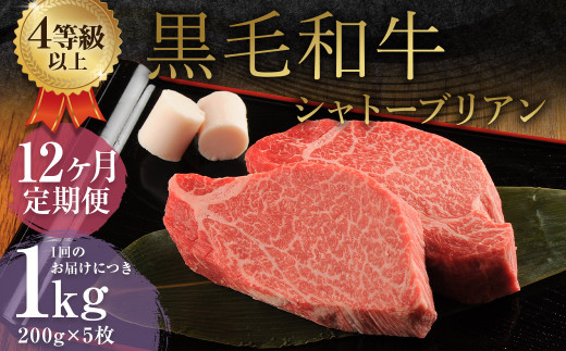 【12ヶ月定期便】 くまもと 黒毛和牛 シャトーブリアン 1.0kg（200g×5枚） 牛肉 牛 肉