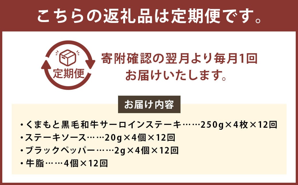 【12ヶ月定期便】くまもと黒毛和牛サーロインステーキ 1.0kg（250g×4枚）牛肉 牛 肉