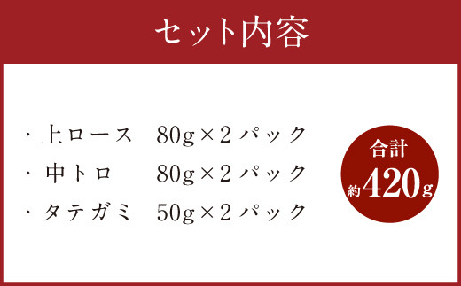 国産馬刺し 上ロース(上赤身) 中トロ タテガミ 盛合せ 合計約420g