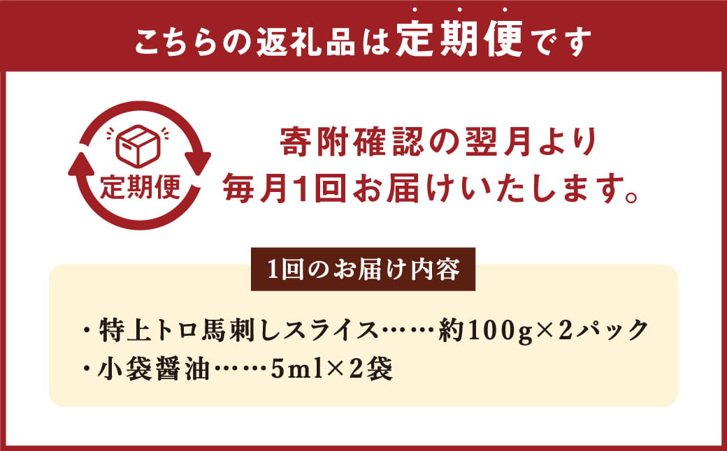 【定期便3回】特上 トロ 馬刺し スライス 約200g（約100g×2パック） 合計約600g 馬刺 ばさし 馬 馬肉 霜降り 霜降 真空パック 定期便 定期配送