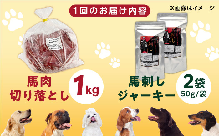 【全6回定期便】詰め合わせ 国内加工 ペット用 馬肉 切り落とし 1kg ペット用 馬刺しジャーキー 100g(50g×2)【五右衛門フーズ】 [YBZ069]