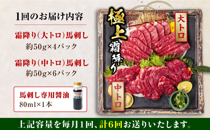 【全6回定期便】熊本県産 馬刺し 計500g ( 大トロ 200g 霜降り中トロ 300g ) 専用醤油付き 熊本 霜降り 中トロ 国産 冷凍 馬肉 馬刺 ヘルシー 真空 パック 極上 小分け【株式会社 利他フーズ】[YBX017] 