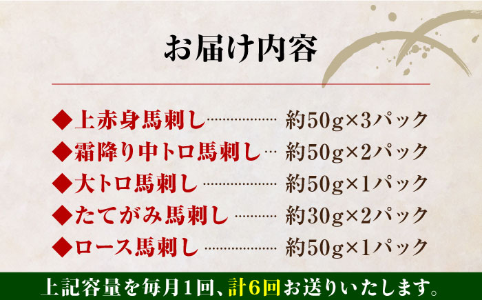 【全6回定期便】熊本県産 馬刺し 計410g ( 上赤身 霜降り中トロ 大トロ タテガミ ロース ) 専用醤油付 熊本 赤身 霜降り 中トロ ロース刺し 国産 冷凍 馬肉 馬刺 真空 パック 小分け【株式会社 利他フーズ】[YBX019] 