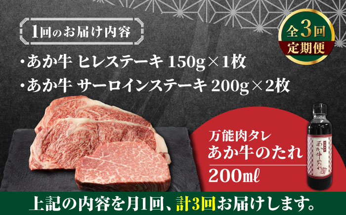 【全3回定期便】【希少部位】熊本県産 あか牛 極上 ヒレ 150g ＆ サーロインステーキセット 計400g ( 200g × 2枚 ) 冷凍 専用タレ付き あか牛のたれ付き 熊本和牛【有限会社 三協畜産】[YCG059] 