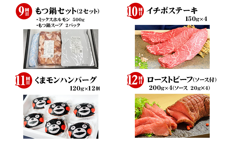 牛肉 【12ヶ月定期便】あか牛づくし 厳選食べ比べ 道の駅竜北《申込み翌月から発送》あか牛ハンバーグ ロースステーキ しゃぶしゃぶ用 ランプ ミスジ 三角カルビ焼肉用 ヒレ イチボ もつ鍋 ホルモン くまモンハンバーグ ローストビーフ