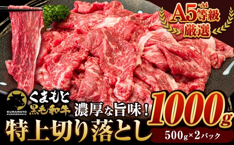 くまもと黒毛和牛 特上切り落とし ウデ・モモ 切り落とし 1000g (500gx2) 牛肉 冷凍 《30日以内に出荷予定(土日祝除く)》冷凍庫 個別 取分け 小分け 個包装 モモ スライス 肉 お肉 しゃぶしゃぶ すき焼き A5 A4