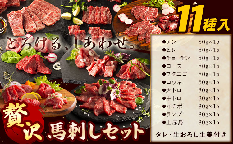 馬肉 馬刺し セット 贅沢馬刺しセット 11種入り 約850g タレ 生おろし生姜付き 道の駅竜北《60日以内に出荷予定(土日祝除く)》 熊本県 氷川町 肉 メン 三枚バラ 大トロ 中トロ ヒレ ロース ランプ チョーチン イチボ フタエゴ 上赤身 コウネ