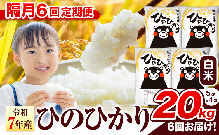 令和7年産 白米 【隔月6回定期便】 ひのひかり 20kg《お申込み翌月から出荷》 熊本県産 白米 精米 氷川町 ひの 送料無料 ヒノヒカリ コメ 便利 ブランド米 お米 おこめ 熊本