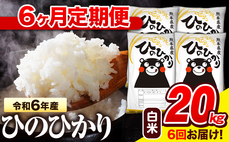 令和6年産  早期先行予約受付中 白米 【6ヶ月定期便】 ひのひかり 20kg《お申し込み月の翌月から出荷開始》 熊本県産 白米 精米 氷川町 ひの 送料無料 ヒノヒカリ コメ 便利 ブランド米 お米 おこめ 熊本