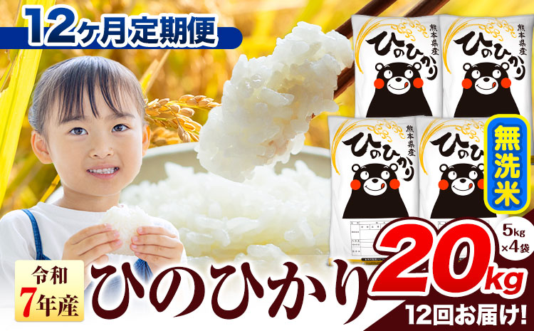 令和7年産 無洗米 【12ヶ月定期便】 ひのひかり 20kg《お申込み翌月から出荷》 熊本県産 無洗米 精米 氷川町 ひの 送料無料 ヒノヒカリ コメ 便利 ブランド米 お米 おこめ 熊本