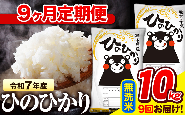 令和7年産 無洗米 【9ヶ月定期便】 ひのひかり 10kg《お申込み翌月から出荷》 熊本県産 無洗米 精米 氷川町 ひの 送料無料 ヒノヒカリ コメ 便利 ブランド米 お米 おこめ 熊本
