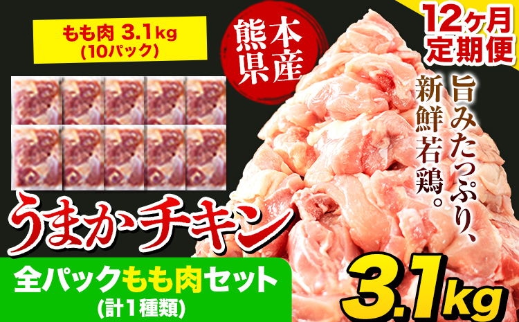 【12ヶ月定期便】うまかチキン 全パックもも肉セット 1回のお届け 合計3.1kg 合計 約37.2kgお届け 《お申込み月の翌月より出荷開始》カット済 もも 若鶏もも肉 冷凍 真空 小分け