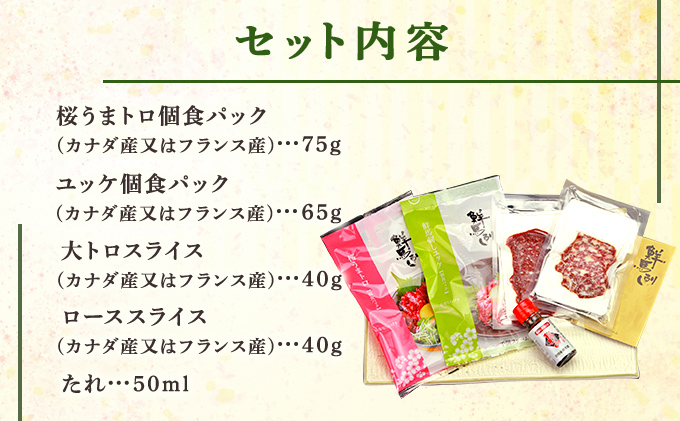 馬刺し 熊本 ユッケ 霜降り 鮮馬刺し スライス 4種 バラエティーセット 食べ比べ 馬刺 馬肉 肉 お肉 冷凍