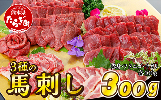 3種の馬刺し 300ｇ【赤身・フタエゴ・サガリ各100g】 馬刺し 冷凍 馬肉 定番 熊本県 多良木町 ばさし 肉 赤身 121-0502