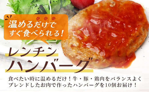 温めるだけ！ レンチン ハンバーグ ≪トマトソース≫ 10個 ※2025年1月以降発送分※ ハンバーグ 湯煎 レンジ 簡単 大容量 レトルト ハンバーグ 温めるだけ 簡単 冷凍 レンジ 湯せん 個包装 067-0701