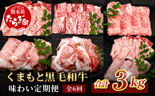 《12月終了》【定期便6回】くまもと黒毛和牛 味わい定期便〜合計 3kg 《 黒毛 和牛 ロース 焼き肉 すき焼き 切り落とし 赤身 スライス 和王 》 肉 すき焼き 焼肉 霜降り 上質 ブランド牛 国産 牛肉 冷凍 熊本県 113-0521