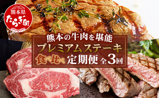 【定期便3回】熊本の牛肉 堪能 ＜黒毛和牛・あか牛＞プレミアムステーキ 食べ比べ定期便 < 黒毛和牛サーロイン・あか牛ロース・極上ヒレ＆サーロイン > 【 毎月届く 3ヶ月 A5等級 黒毛和牛 希少 あか牛 牛肉 熊本県 多良木町 定期配送 】 092-0011