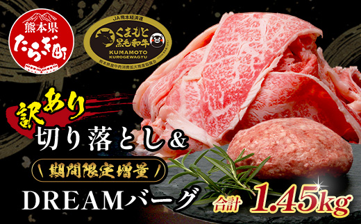 《R7.5・6・7月発送 限定 増量 》 くまもと黒毛和牛 切り落とし 1kg + DREAMバーグ 150g×3個 【合計1450g】 切り落とし 1キロ + 牛肉 100％ 国産 生 ハンバーグ ブランド牛 上質 和牛 霜降り お得 限定品 惣菜 冷凍 熊本県 113-0530