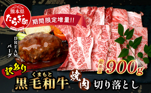 《R8.2・3月発送 限定 増量 》【訳あり】くまもと 黒毛和牛 焼肉 切り落とし 600g ＋ DREAMバーグ150ｇ×2個 【合計 900g】本場 熊本県 黒毛 和牛 ブランド 牛 肉 焼き肉 ハンバーグ 上質 くまもと 訳アリ 113-0534