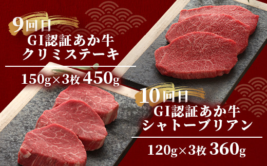 【定期便 12回】≪GI認証≫くまもと あか牛 12種 食べ比べ【ご褒美 定期便】ステーキ シャトーブリアン サーロイン ランプ ミスジ リブ ロース 12回配送 ステーキ 和牛 あか牛 牛肉 赤身 肉 和牛 046-0677