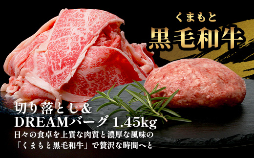 《R7.5・6・7月発送 限定 増量 》 くまもと黒毛和牛 切り落とし 1kg + DREAMバーグ 150g×3個 【合計1450g】 切り落とし 1キロ + 牛肉 100％ 国産 生 ハンバーグ ブランド牛 上質 和牛 霜降り お得 限定品 惣菜 冷凍 熊本県 113-0530