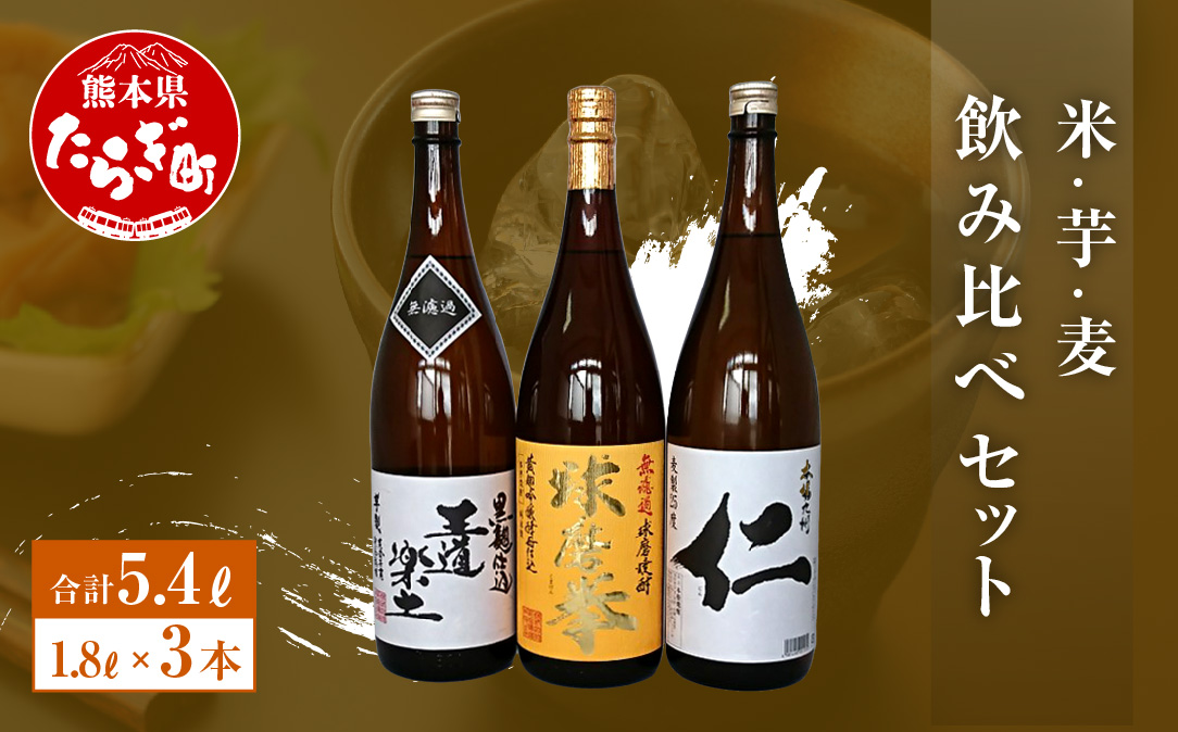 米・芋・麦飲み比べセット (減圧球磨拳・王道楽土・麦焼酎仁) 25度 1.8L×3本【 米焼酎 麦焼酎 お酒 酒 受賞歴 金賞 無濾過 飲み比べ 呑み 呑みくらべ 恒松酒造 熊本県 球磨 多良木町 】040-0302