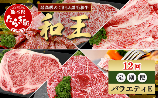 【定期便12回】くまもと 黒毛和牛 (和王) バラエティ 定期便E ブランド牛 定期便 肉 サーロイン ロース ステーキ モモ すき焼き しゃぶしゃぶ スキヤキ 焼肉 焼き肉 やきにく 牛肉 お肉 1年 12か月 定期便 プレミアム品質 122-0609