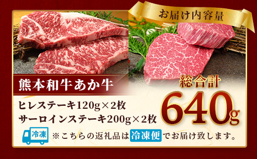 熊本県産 あか牛 極上 ヒレ ＆ サーロイン ステーキ セット 計640g 【 あか牛 ヒレス テーキ 120g×2枚、あか牛 サーロイン ステーキ 200g×2枚 】  046-0631